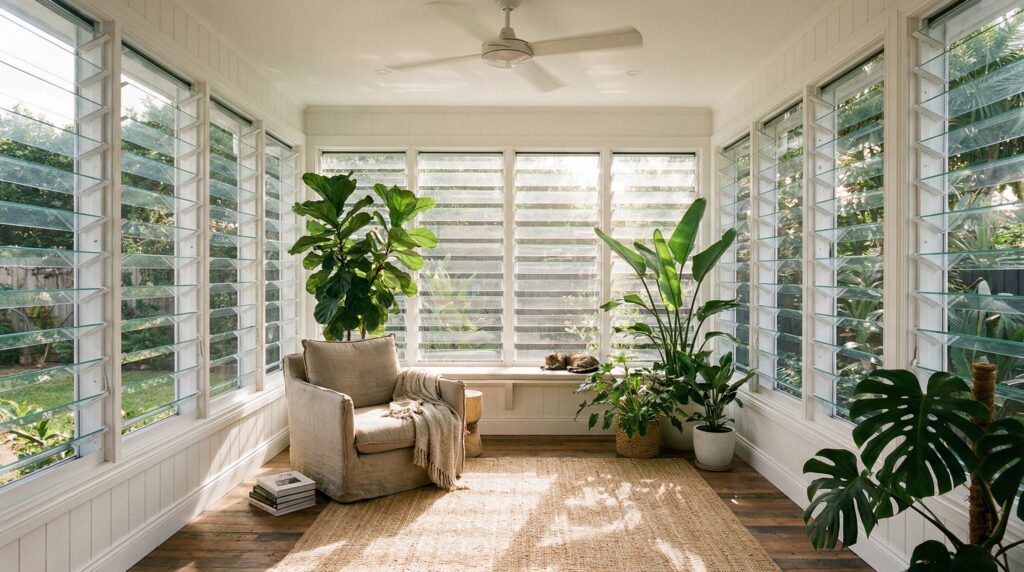 Modern glass louvered windows open in a bright, breezy sunroom. Modern glass louvered windows open in a bright, breezy sunroom.