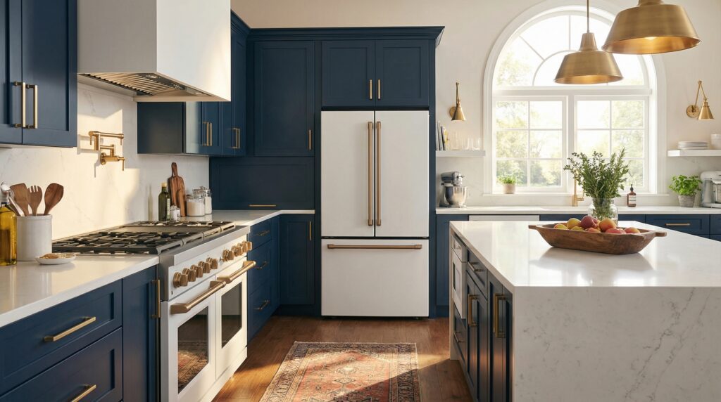 A luxurious modern kitchen featuring stylish matte white appliances with brushed gold handles, paired with elegant navy blue cabinets and a white quartz countertop. A luxurious modern kitchen featuring stylish matte white appliances with brushed gold handles, paired with elegant navy blue cabinets and a white quartz countertop.