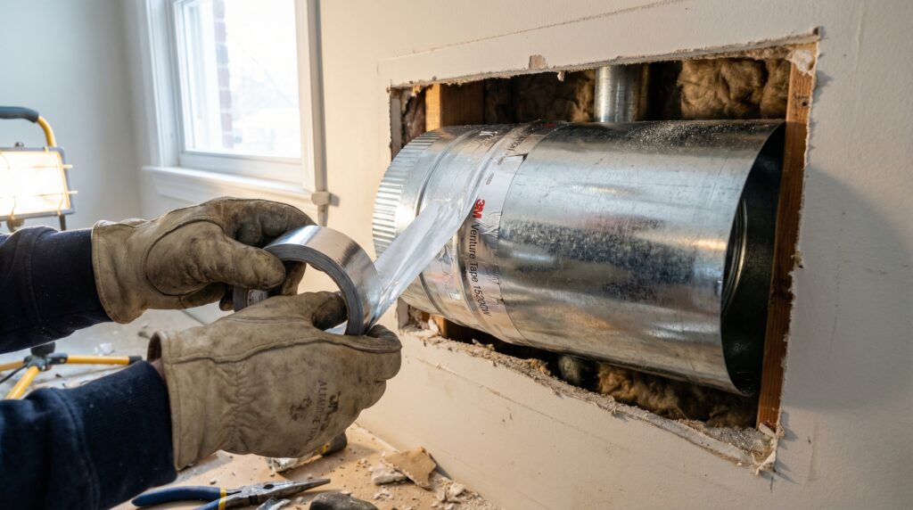 A DIY installation of an 8-inch rigid metal duct being sealed with HVAC foil tape above a powerful kitchen range hood.