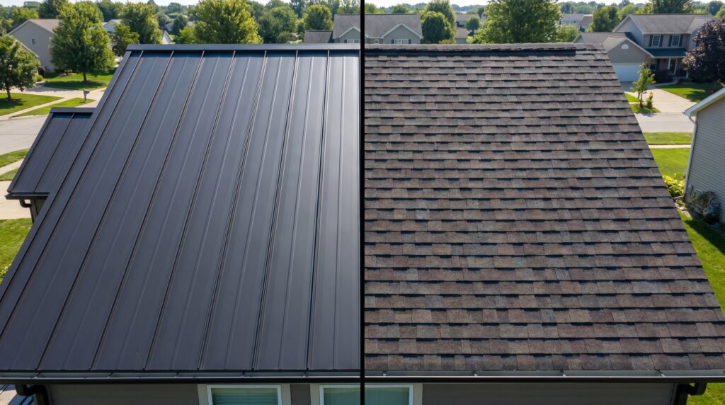 A side-by-side comparison of a standing seam metal roof and architectural asphalt shingles A side-by-side comparison of a standing seam metal roof and architectural asphalt shingles
