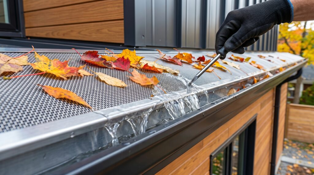 A stainless steel micro mesh rain gutter guard keeping autumn leaves out of a clean gutter.