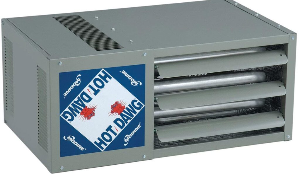 Modine Hot Dawg gas heater used for high-efficiency greenhouse climate control A heavy-duty Modine Hot Dawg propane gas heater hanging in a commercial greenhouse