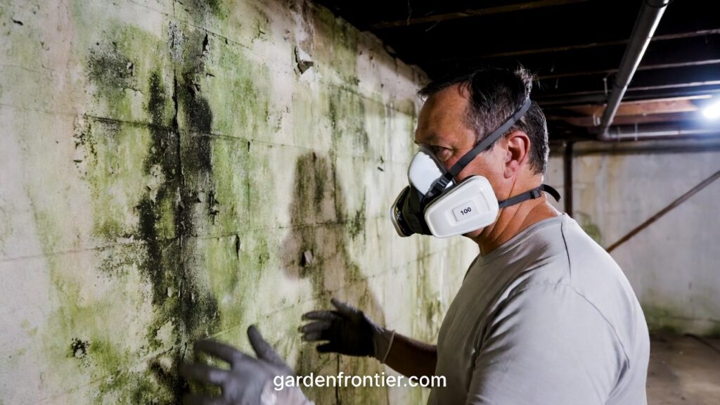 A homeowner wearing a P100 respirator mask inspecting a moldy basement wall. A homeowner wearing a P100 respirator mask inspecting a moldy basement wall.