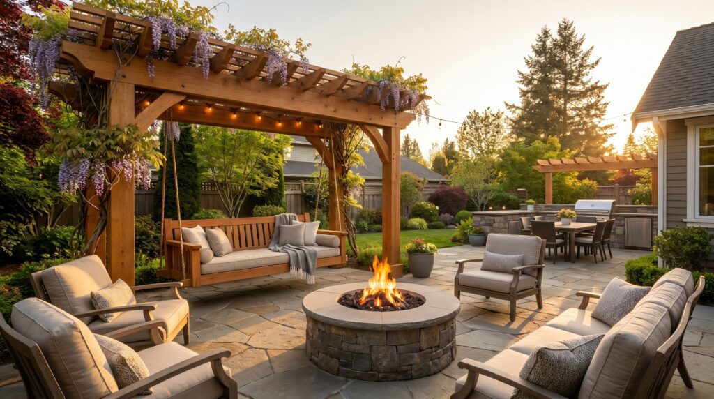 A beautiful cedar pergola swing set over a patio with a fire pit A beautiful cedar pergola swing set over a patio with a fire pit