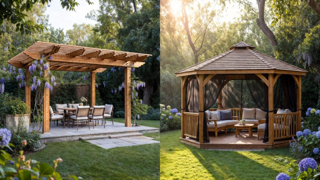 A photorealistic view demonstrating the distinct architectural differences between a residential pergola (open roof) and a permanent gazebo (solid roof) in a lush garden setting. A side-by-side backyard comparison of a modern wooden pergola with an open roof and a traditional hardtop gazebo with a solid roof