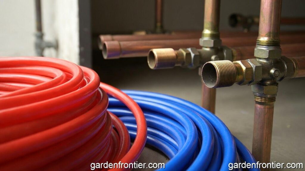 A visual comparison between PEX tubing and traditional copper pipes for residential plumbing repipes. A side-by-side comparison of flexible red and blue PEX tubing next to rigid copper plumbing pipes.