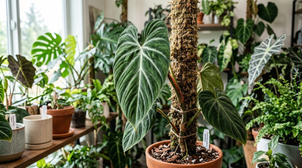 A horizontal detailed photograph of a large, velvety deeply veined Philodendron Splendid leaf climbing a moss pole in a well-lit indoor collection.