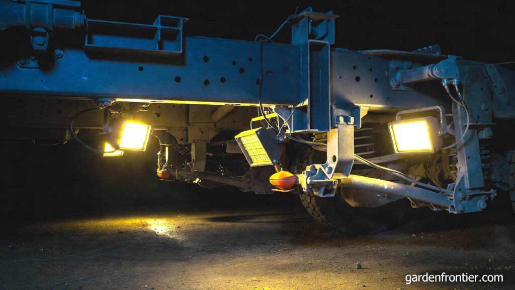 2026 homeowner and DIY guide to the best portable magnetic work lights for garages, featuring heavy-duty Milwaukee task lights and versatile under-hood LED lighting solutions A bright set of portable magnetic work lights stuck to the steel frame under a truck illuminating the suspension