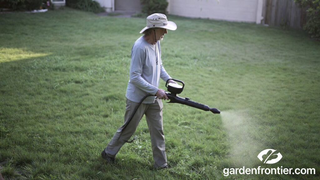 A perfectly green, weed-free lawn next to a garden spreader applying pre-emergent and weed killer. A perfectly green, weed-free lawn next to a garden spreader applying pre-emergent and weed killer.