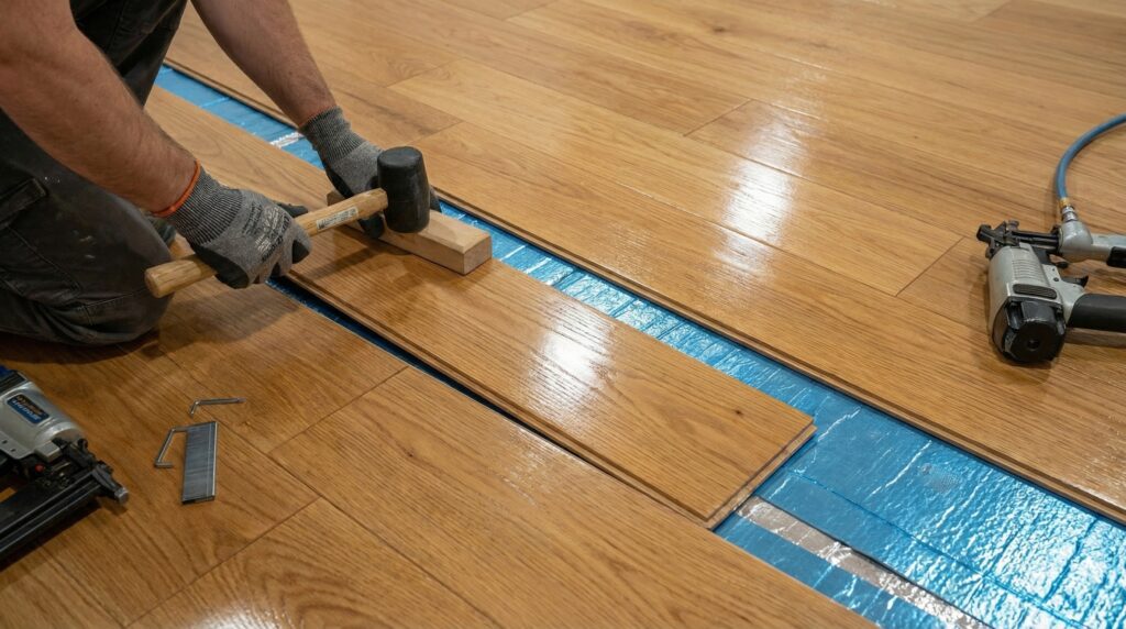 A beautiful pre-finished hardwood floor being installed over premium underlayment in a modern home. A beautiful pre-finished hardwood floor being installed over premium underlayment in a modern home.