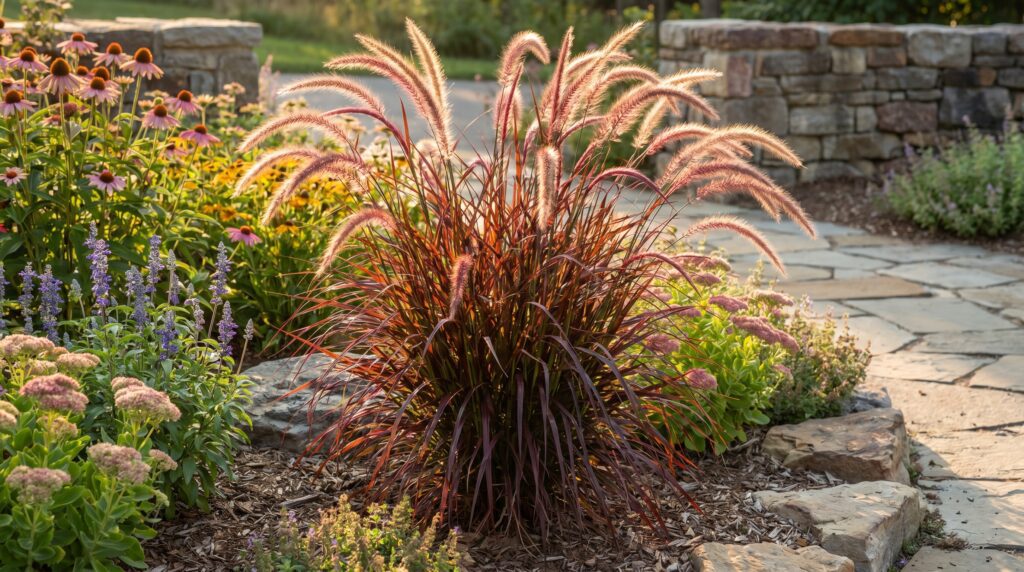 Red fountain grass with burgundy foliage and soft plumes in a sunny garden bed Red fountain grass with burgundy foliage and soft plumes in a sunny garden bed