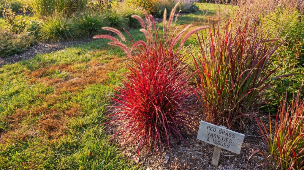 A red ornamental grass growing in a sunny garden bed, representing red grass varieties, red fountain grass, red switchgrass, and lawn problems that can make grass appear red. Red ornamental grass growing in a sunny garden bed
