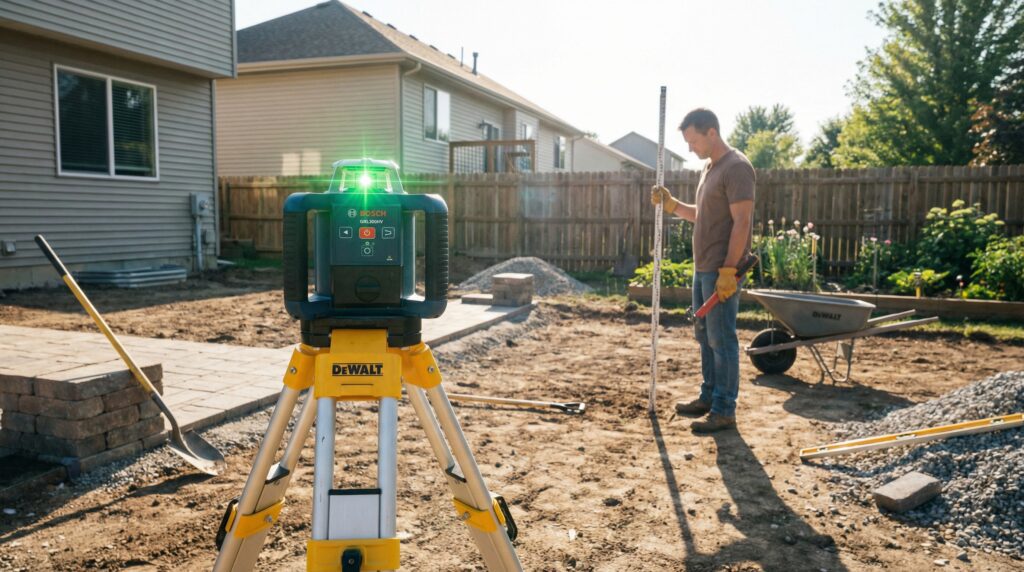 A DIY homeowner using a glowing green beam rotary laser level mounted on a yellow construction tripod in a backyard dirt grading project A DIY homeowner using a glowing green beam rotary laser level mounted on a yellow construction tripod in a backyard dirt grading project