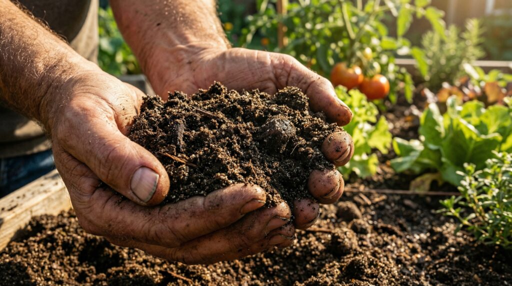 A gardener's hands performing the squeeze test on rich, dark sandy loam soil in a thriving backyard vegetable garden. A gardener's hands performing the squeeze test on rich, dark sandy loam soil in a thriving backyard vegetable garden.