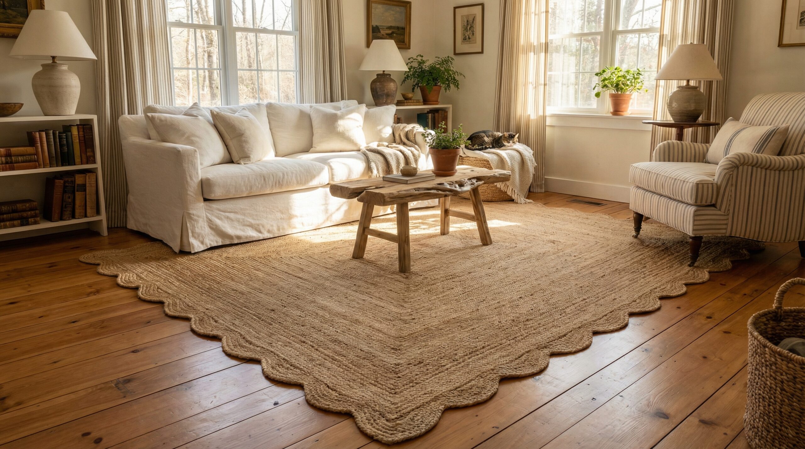 A large scalloped jute rug styled in a bright, cozy living room under a white sofa. A large scalloped jute rug styled in a bright, cozy living room under a white sofa.