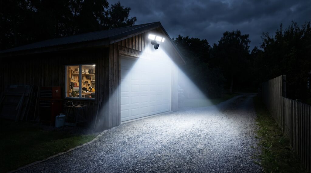 A comprehensive 2026 guide to the best hardwired and solar security flood lights with cameras for driveways, fences, and workshops. A bright security flood light with camera illuminating a dark driveway and workshop at night