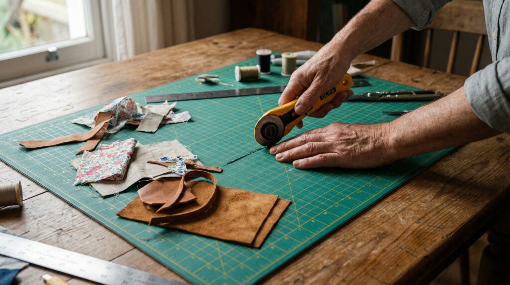 A crafter's hands using a rotary cutter on a large green grid-lined self healing cutting mat over a wooden dining table. A crafter's hands using a rotary cutter on a large green grid-lined self healing cutting mat over a wooden dining table.