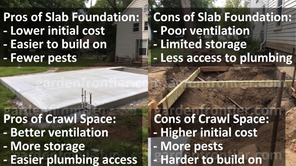 A side-by-side architectural comparison showing a concrete slab foundation next to a raised crawl space foundation. A side-by-side architectural comparison showing a concrete slab foundation next to a raised crawl space foundation.