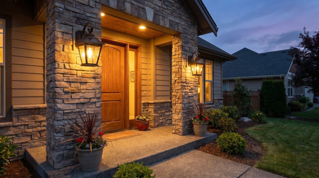 A pair of solar outdoor wall lanterns mounted near a front entryway, showing warm exterior lighting for porches, garages, patios, and home entrances. Solar outdoor wall lanterns mounted beside a front door at night