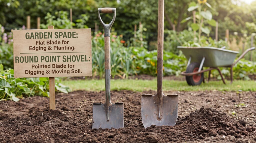 A garden spade and round point shovel shown side by side in soil, comparing the difference between digging shovels and flat-bladed spades for yard work Garden spade and round point shovel side by side in soil