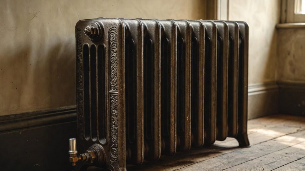 A classic cast iron steam radiator against a wall in an older historic home. A classic cast iron steam radiator against a wall in an older historic home.