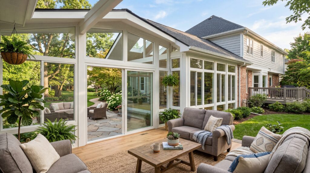 A beautiful, newly built 4-season sunroom addition attached to a suburban home with large glass windows