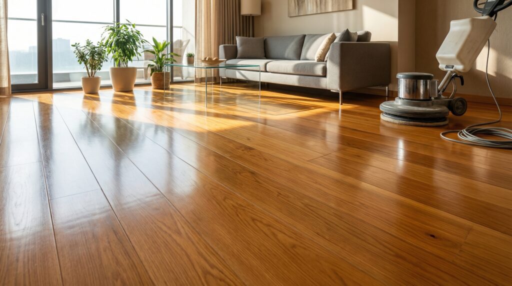 A beautiful, newly polished glossy hardwood timber floor reflecting natural light in a modern home A beautiful, newly polished glossy hardwood timber floor reflecting natural light in a modern home