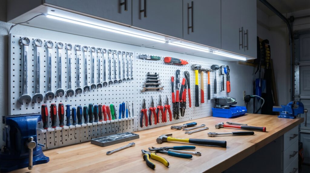A comprehensive 2026 guide to the best under cabinet lighting for garages and workshops, featuring hardwired, plug-in, battery-operated, dimmable, and overhead LED lighting solutions. A bright workbench illuminated by cool under cabinet lighting showing tools clearly without shadows.
