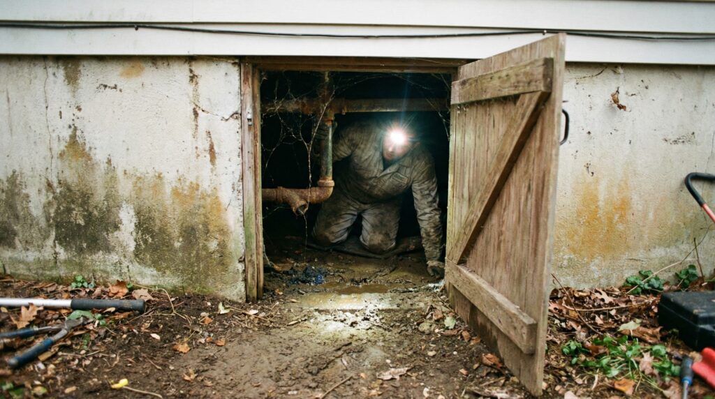 A home inspector with a headlamp examining a damp crawl space for water damage and standing water issues A home inspector with a headlamp examining a damp crawl space for water damage and standing water issues