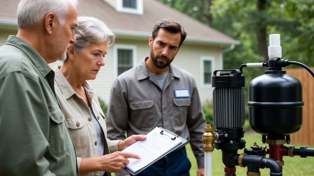 A professional plumber installing a new water well pump system in a residential home. A professional plumber installing a new water well pump system in a residential home.