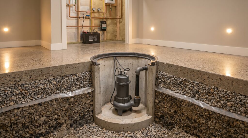 A heavy-duty submersible sump pump installed in a basement concrete pit. A heavy-duty submersible sump pump installed in a basement concrete pit.