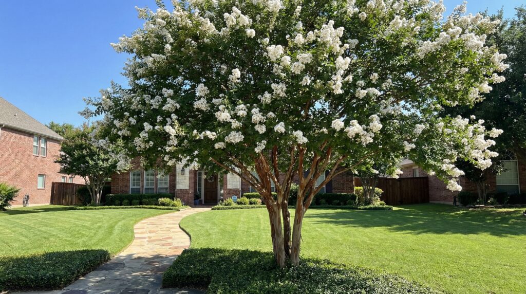 A stunning blooming white crate myrtle tree planted in a sunny front yard. A stunning blooming white crate myrtle tree planted in a sunny front yard.