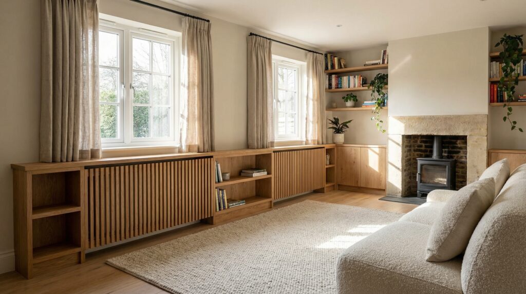 Beautiful wooden radiator covers in a cozy, modern living room. Beautiful wooden radiator covers in a cozy, modern living room.
