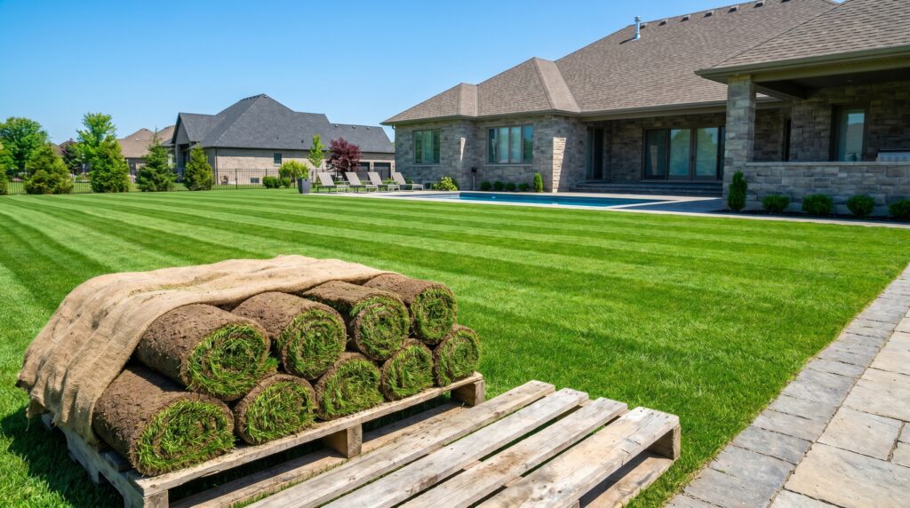 Zoysia Grass Cultivars and Sod Installation Guide A pallet of fresh Zoysia sod ready for installation on a pristine suburban lawn