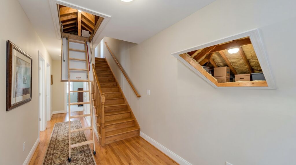 A white attic access door in a hallway ceiling with pull-down attic stairs partially opened