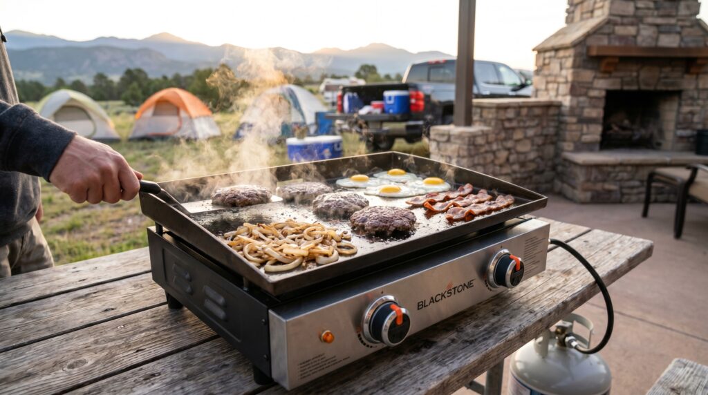 A portable tabletop griddle cooking burgers, onions and breakfast food outdoors, showing a compact flat-top griddle setup for camping, tailgating and patio cooking A portable tabletop griddle cooking smash burgers and onions at a sunny campsite