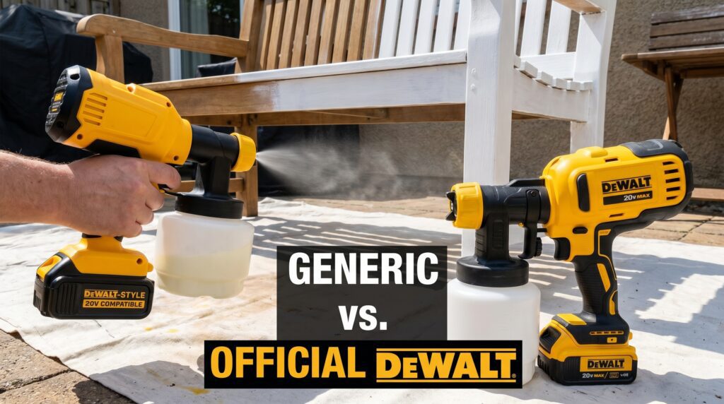 A cordless paint sprayer attached to a Dewalt-style 20V battery being used for a small painting project, showing the difference between Dewalt-compatible battery sprayers and official Dewalt-made tools. A cordless paint sprayer using a Dewalt-style 20V battery while spraying paint on a fence