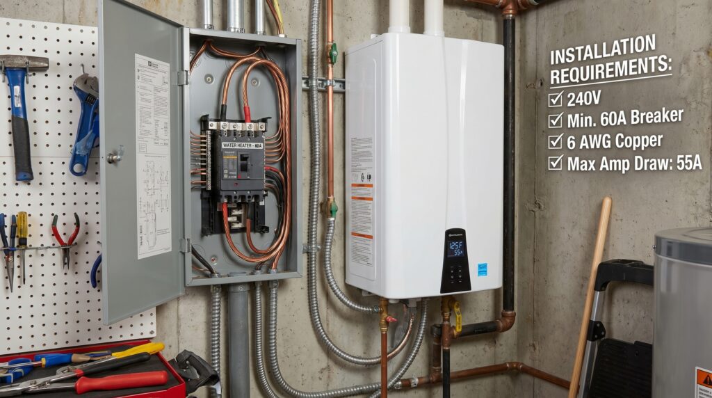 A modern electric tankless water heater installed in a utility room near an electrical panel, highlighting amp draw, breaker sizing, wiring, and installation requirements. An electric tankless water heater installed near an electrical panel showing heavy wiring and breaker requirements