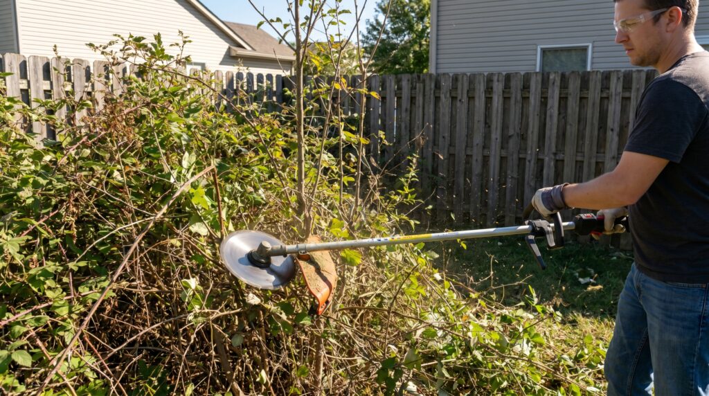 A hand held brush cutter with a metal cutting blade being used to clear overgrown weeds, briars, vines, and light woody brush on a residential property. A person using a hand held brush cutter with a metal blade to clear tall weeds and light brush
