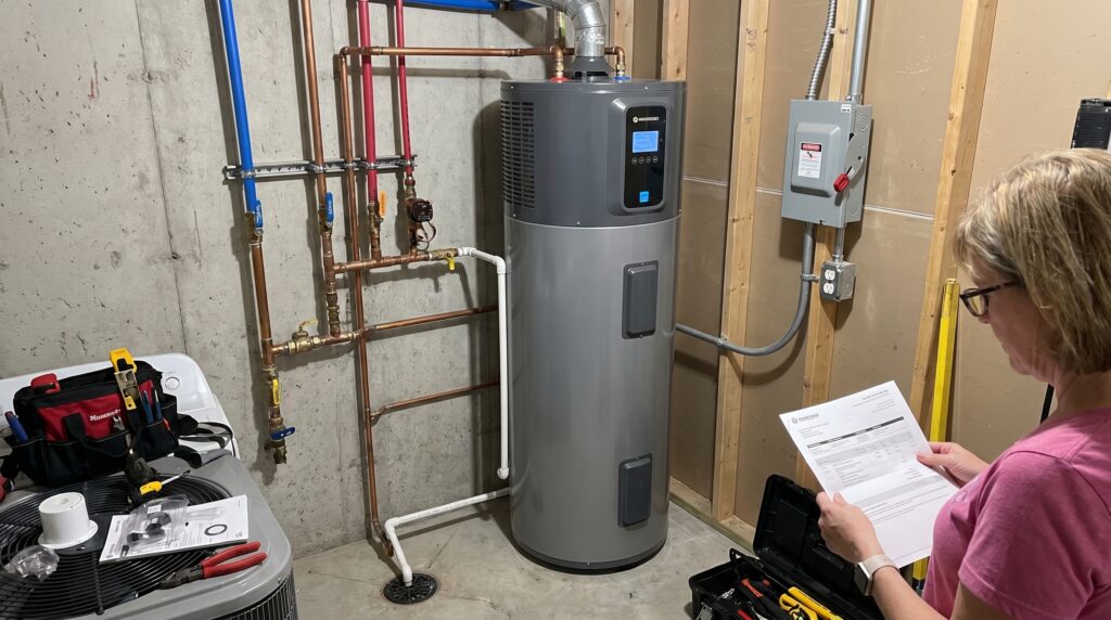 A modern hybrid heat pump water heater installed in a home utility room, showing plumbing, electrical, and drainage connections that affect total installation cost. A hybrid heat pump water heater installed in a utility room with plumbing and electrical connections