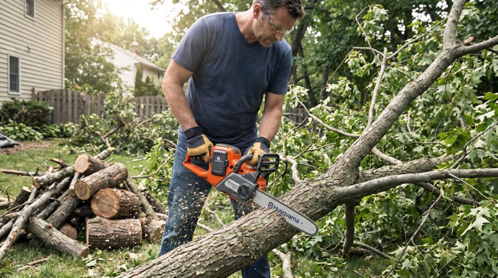 A Husqvarna cordless battery-powered chainsaw being used for backyard tree cleanup, showing a homeowner cutting a fallen branch with a compact electric chainsaw. A Husqvarna battery chainsaw cutting a fallen tree branch in a backyard
