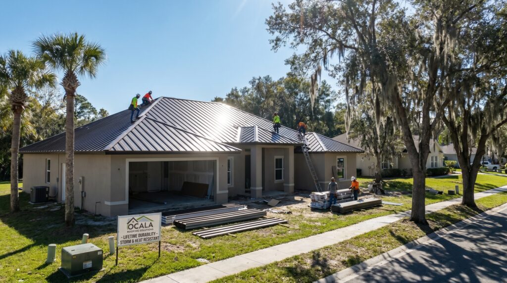 A residential metal roof installation in Ocala, Florida, showing standing seam metal roofing panels on a home built for long-term durability, heat reflection, and storm resistance. A metal roof installation on a Florida home in Ocala with standing seam panels