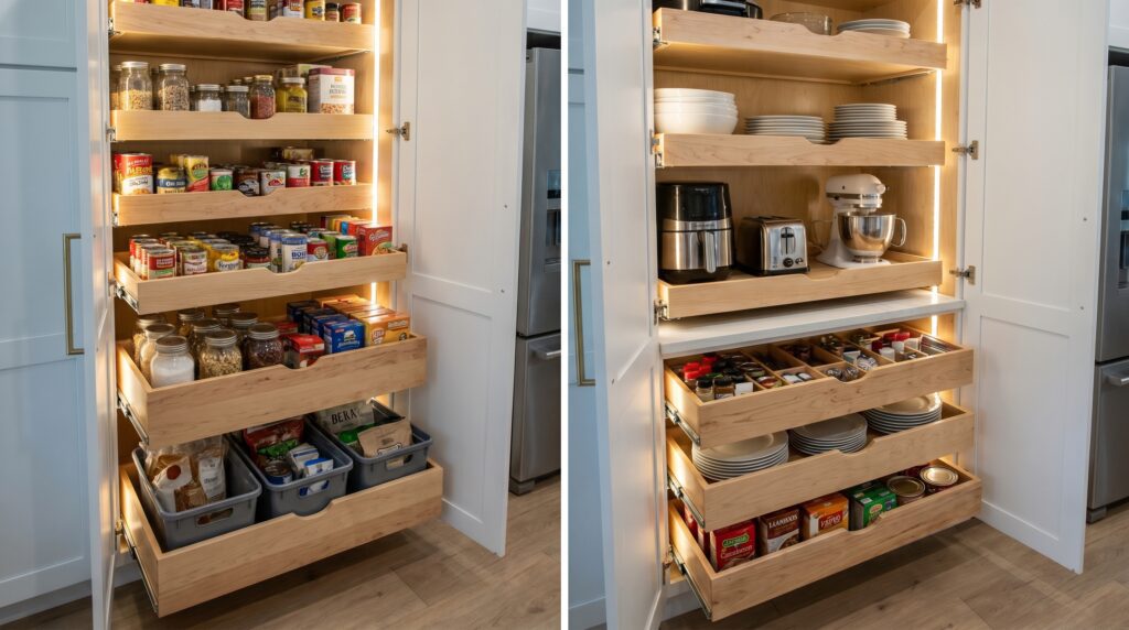 A kitchen pantry cabinet upgraded with pull out drawers and sliding shelves for better storage, organization, and access to items in the back of deep shelves. Pull out drawers installed inside a kitchen pantry cabinet with cans, jars, and dry goods organized on sliding shelves