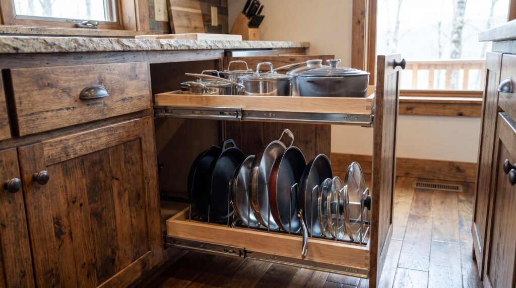 A kitchen cabinet with a pull out pot and pan holder showing frying pans, saucepans, lids, and cookware organized on a heavy-duty sliding cabinet organizer. Pull out pot and pan holder installed inside a lower kitchen cabinet with cookware, lids, and frying pans organized on sliding shelves