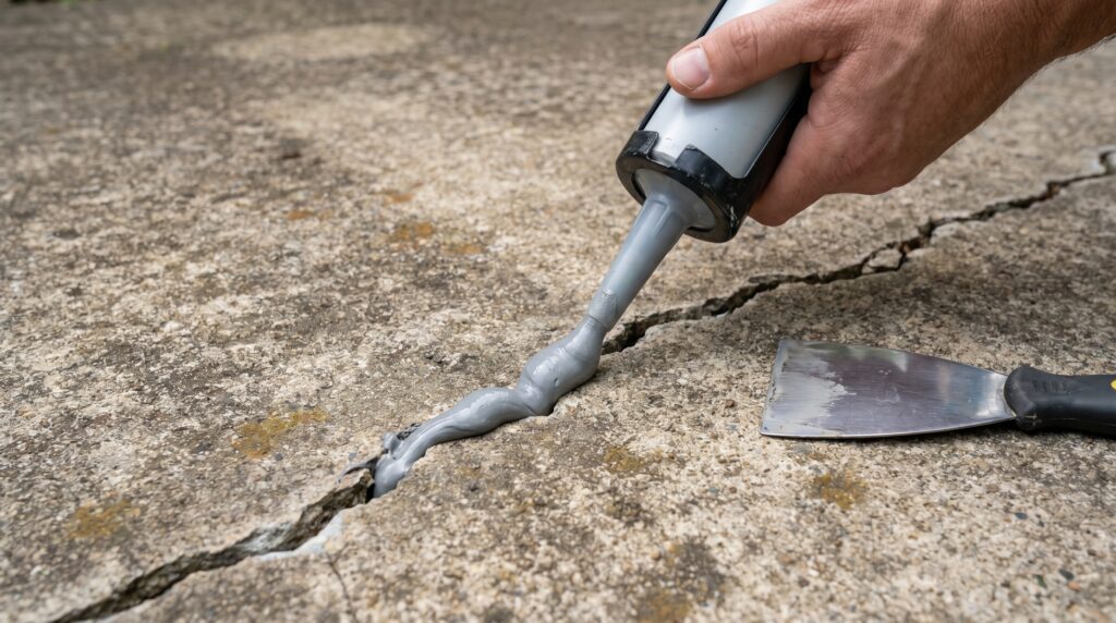 A close-up of concrete crack repair on a driveway, showing flexible concrete crack sealer being applied with a caulking gun before smoothing the surface. A homeowner applying concrete crack sealer into a driveway crack with a caulking gun