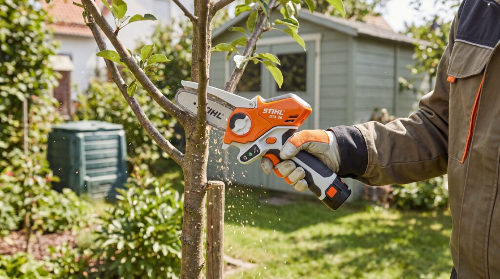 A compact cordless pruning saw being used to cut a small tree branch, showing the type of lightweight garden work people expect from a Stihl mini chainsaw. A compact Stihl mini chainsaw style pruning saw cutting a small tree branch in a backyard