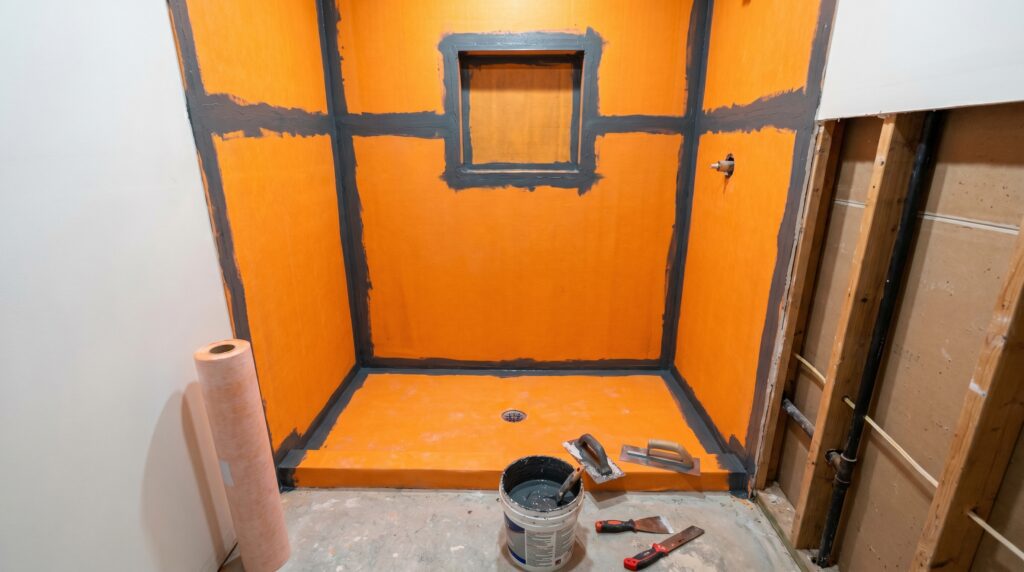 A bathroom shower remodel showing waterproof membrane installed on shower walls and floor before tile installation, including sealed corners and waterproofing around the shower niche A waterproof membrane for shower walls and floor being installed before tile in a bathroom remodel