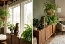 Are Spider Plants Toxic to Cats? Safety, Stomach Upset & How to Stop Chewing Spider plant in a hanging basket near a curious cat with pet-safe houseplant setup