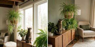Are Spider Plants Toxic to Cats? Safety, Stomach Upset & How to Stop Chewing Spider plant in a hanging basket near a curious cat with pet-safe houseplant setup