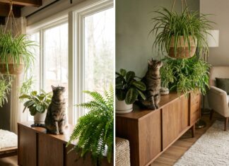 Are Spider Plants Toxic to Cats? Safety, Stomach Upset & How to Stop Chewing Spider plant in a hanging basket near a curious cat with pet-safe houseplant setup